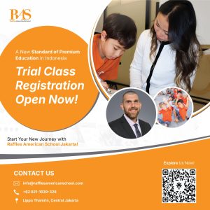 Raffles American School Jakarta Trial Class registration flyer—teacher guiding a student, open now